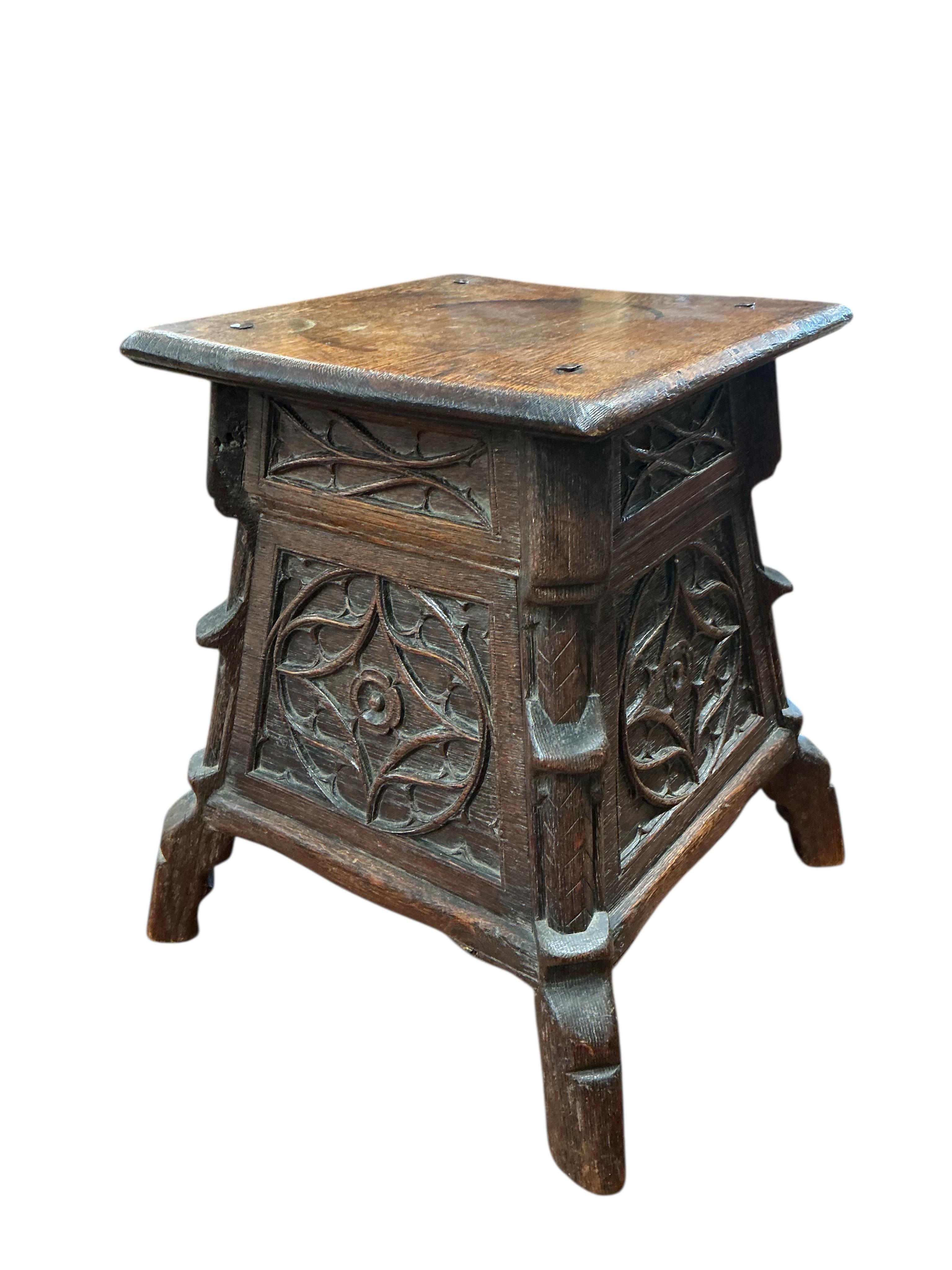 A 17th century Pugin style square oak occasional table, width 48cm, height 53cm